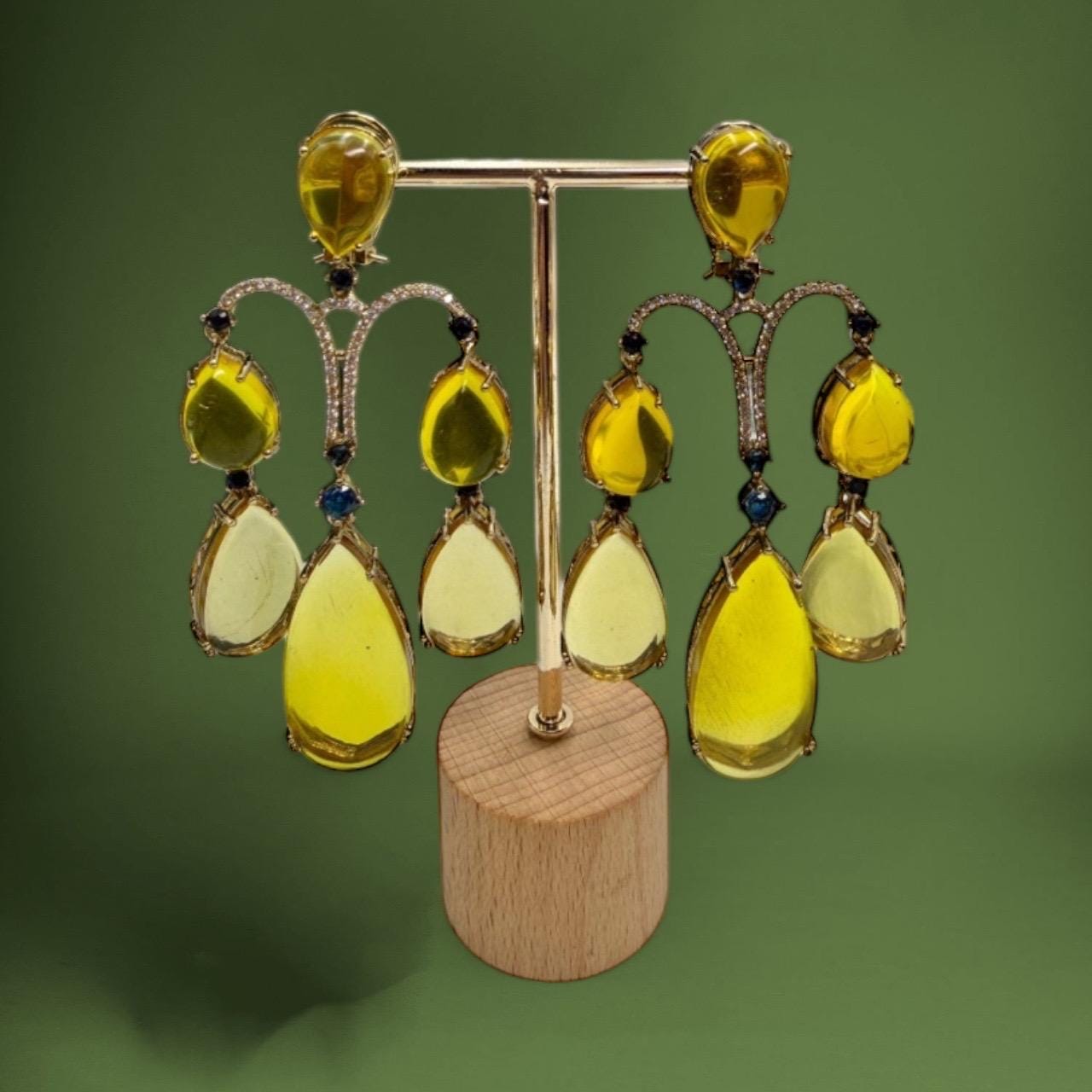 Yellow Crystal Drop Earrings | 22K Gold Plated Bridal Jewelry - Image 5