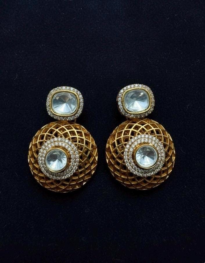 Gold Lattice Statement Earrings | CZ Crystal, Bridal Jewelry - Image 3