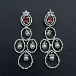 Silver CZ Pearl Drop Earrings | Ruby Crystal Bridal Dangler Earrings | Luxury Wedding Jewelry | Elegant Statement Earrings for Women