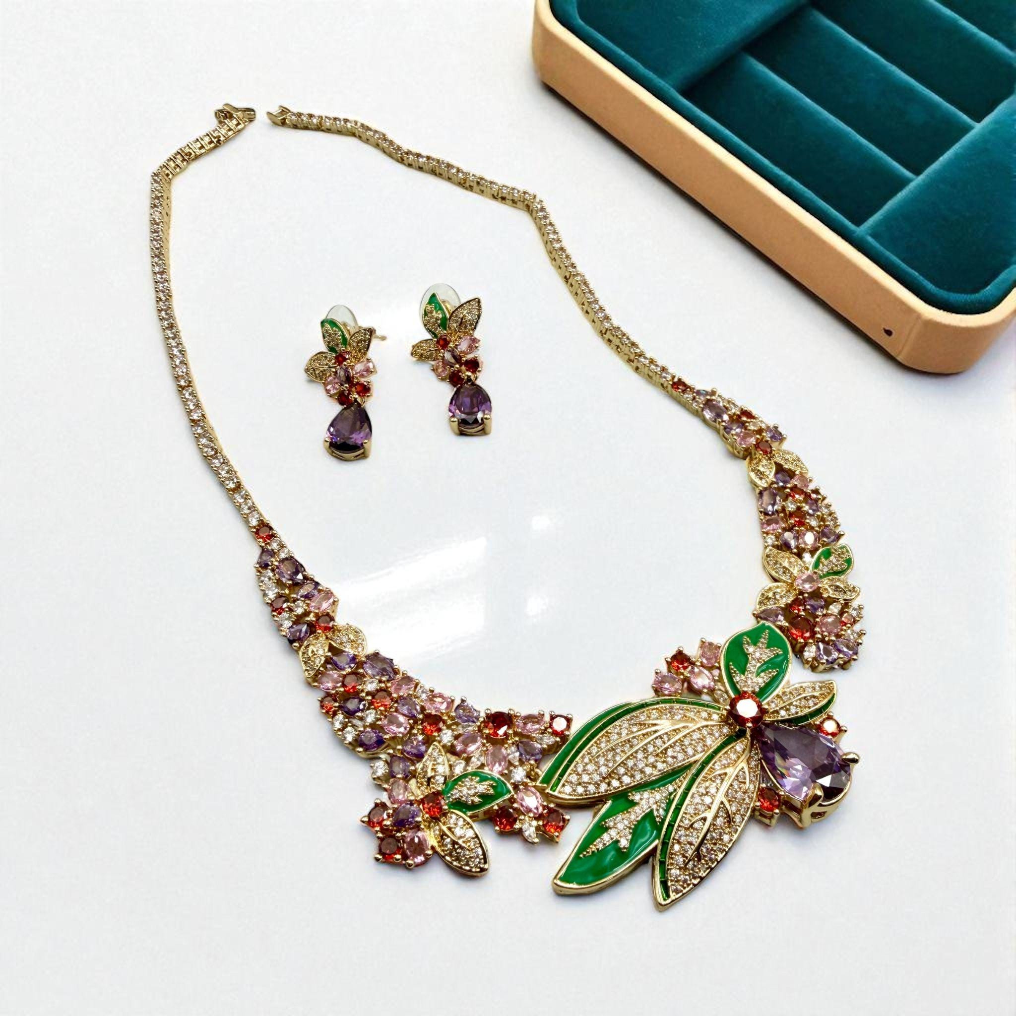 Designer Floral Necklace Set – Sapphire, AD Stones, Green Enamel - Image 2