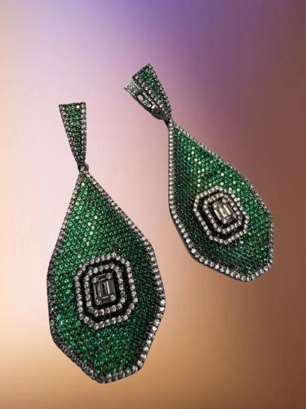 Stunning Multi-Color Cz stones micro ad Teardrop Earrings with Geometric Accent - Elegant Statement Jewelry