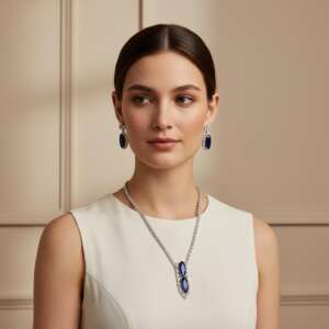 Bollywood Sapphire Blue CZ Rhodium Necklace Set, Indian Wedding Jewelry