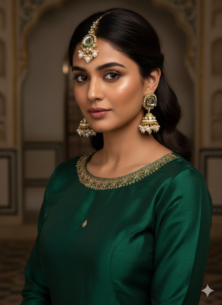 Kundan Jhumka Set | Pearl Maang Tikka, Indian Bridal Jewelry - Image 2