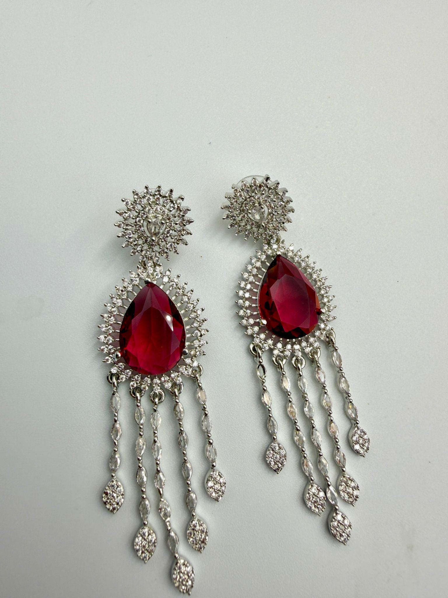 Luxury Ad Ruby Red Dangle Earrings with Sparkling Diamond Accents. - Image 3