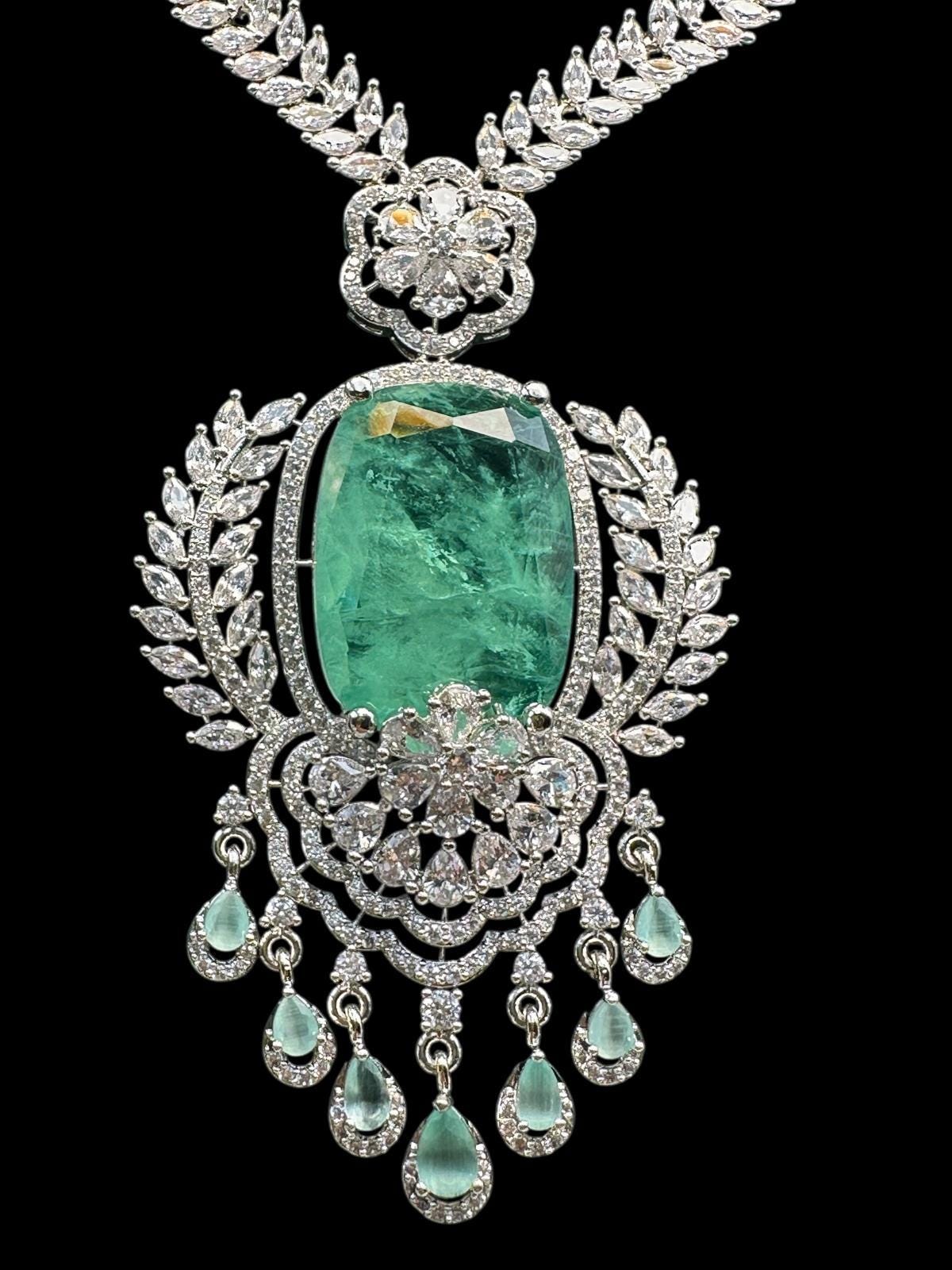 Luxury Emerald Green Necklace Set | rhodium Plated Bridal Jewelry with Earrings | High-End Designer Statement Set | Wedding & Party Jewelry - Image 2