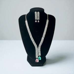 Elegant Silver finish Leaf Necklace Set | Long Crystal Necklace with Pink & Green Gem Drops | Wedding Party Jewelry | Handmade Statement Set