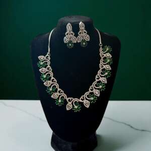 Emerald Green ad Cz Necklace earrings Set | Silver rhodium finish Bridal Jewelry with Earrings | Leaf Design Statement  | Wedding,Gift.