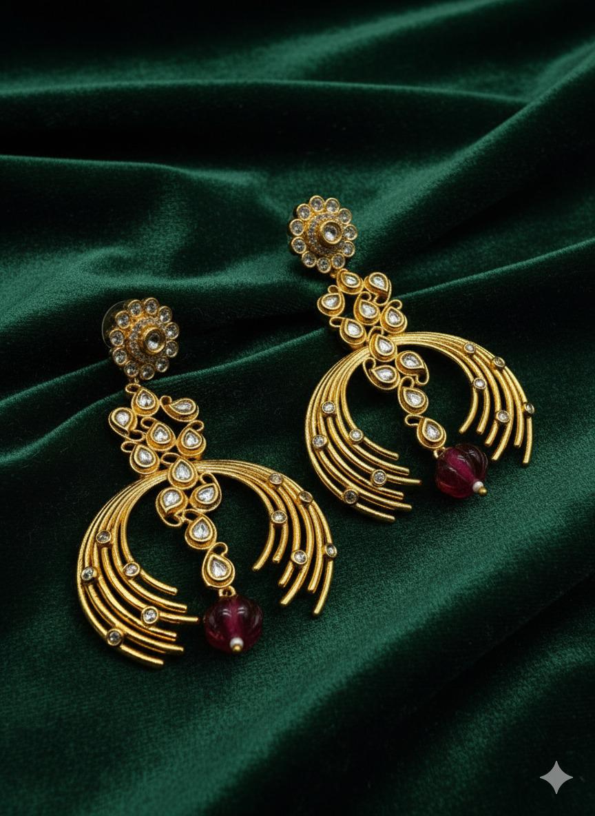 Gold Kundan Jhumka Earrings with CZ & Red Bead - Image 2