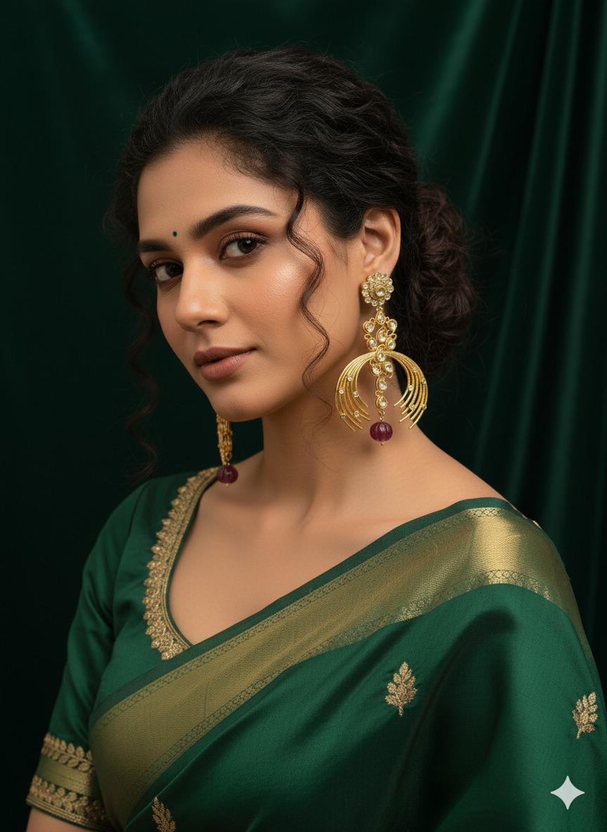 Gold Kundan Jhumka Earrings with CZ & Red Bead - Image 3