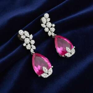 Pink Pear Cut CZ Earrings with Diamond Accent - Elegant Jewelry