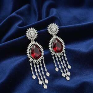 Luxury Ad Ruby Red Dangle Earrings with Sparkling Diamond Accents.