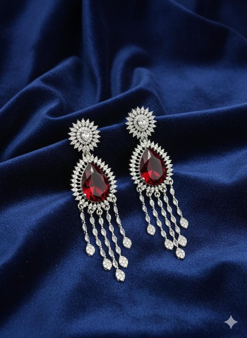 Luxury Ad Ruby Red Dangle Earrings with Sparkling Diamond Accents.