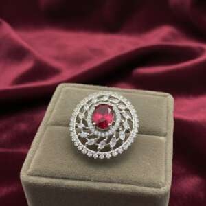 Ruby AD Stone Silver Ring with Diamond Accents Rhodium plated  - Elegant cocktail ring