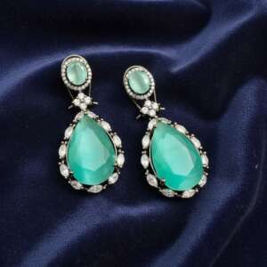 Teal Cz/Ad stone Earrings India | Diamond Accents | Elegant Evening Wear