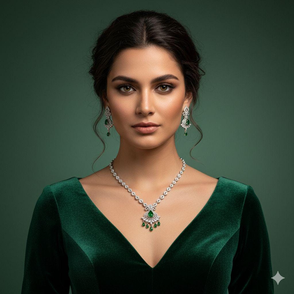 Silver Emerald Green Necklace Set | Indian ad Jewelry | Bridal Wedding Necklace with Earrings - Image 2