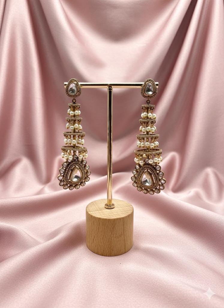 Jhumki Earrings | Traditional Indian Jewelry | Pearl & Kundan statement high end antique gold plated - Image 2