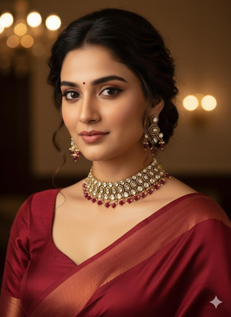 Mozonite Choker Necklace Set | Bridal Gold Plated Jewelry | Red Beaded Traditional Indian Set - Image 2
