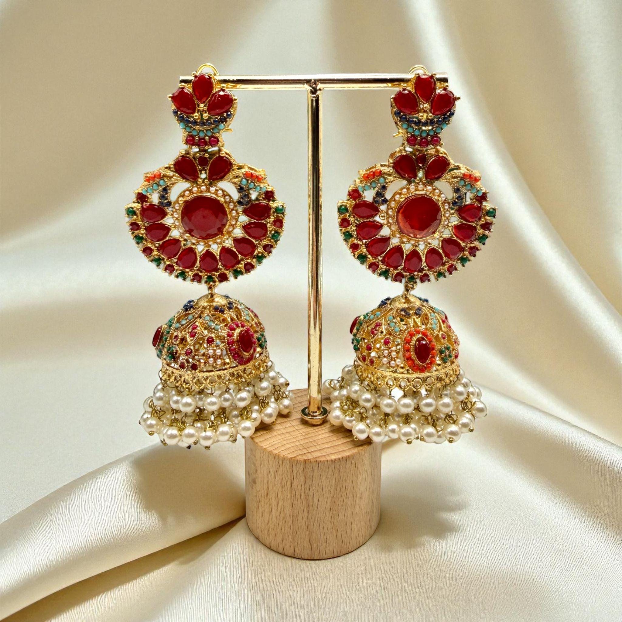 Red Jadao Jhumka Earrings | Gold Plated Pearl Dangle Earrings | Bridal Indian Traditional Jewelry - Image 4