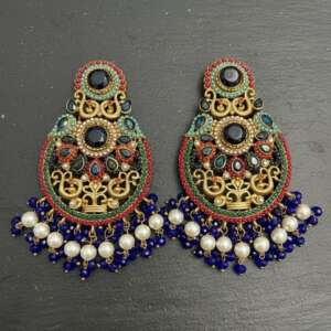 Kundan Pearl Dangler Earrings | Royal Blue & Gold Bridal Jewelry