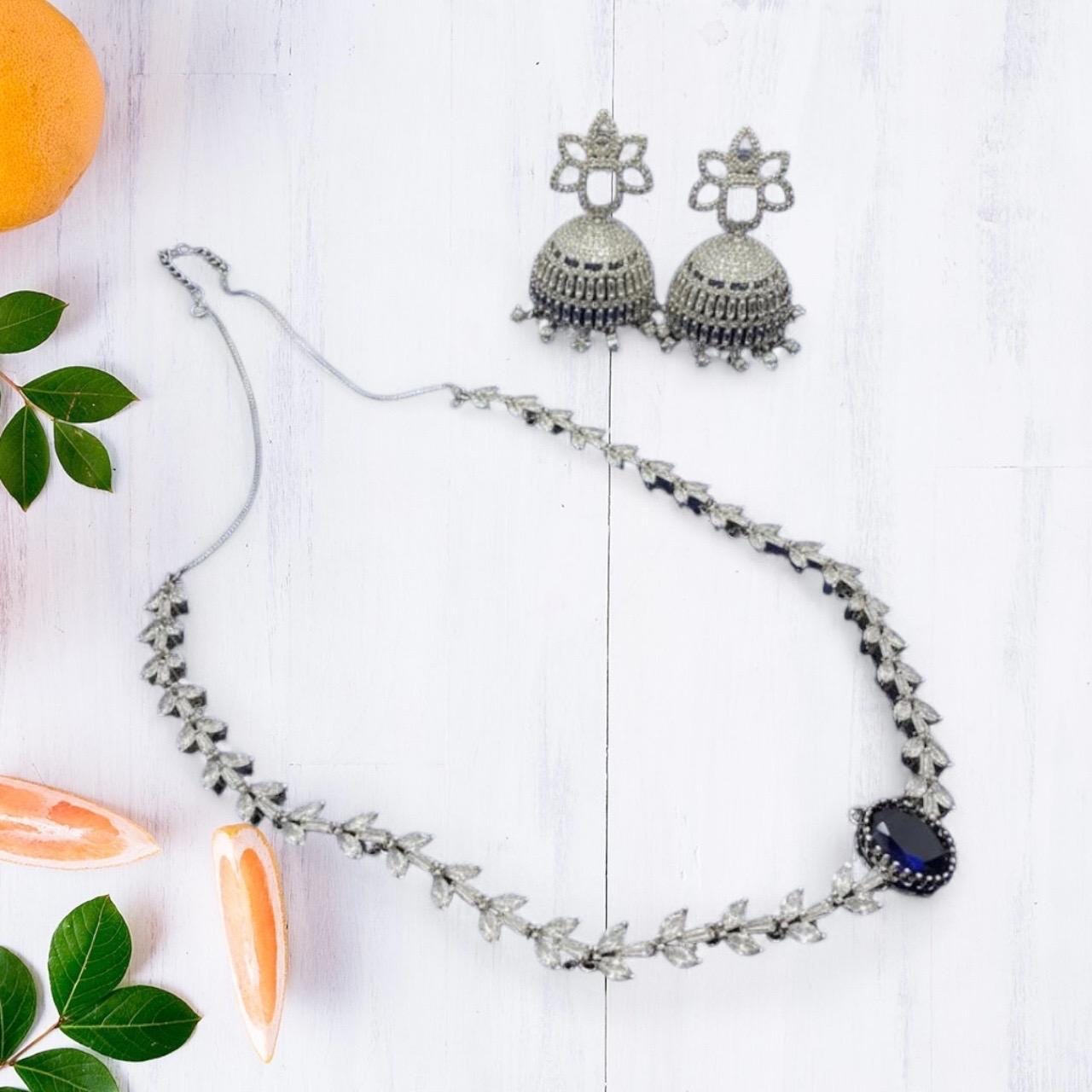 Silver CZ Necklace and Jhumka Set | Luxury Bridal Jewelry Set | Sparkling Leaf Design Necklace with Statement Earrings | Wedding Jewelry - Image 2