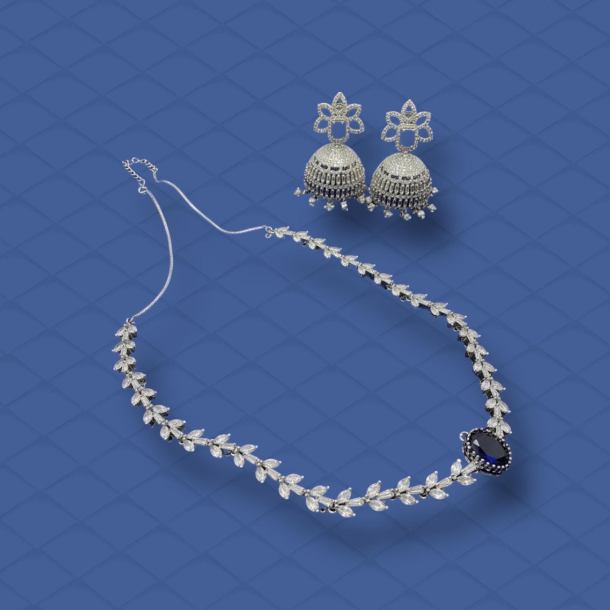Silver CZ Necklace and Jhumka Set | Luxury Bridal Jewelry Set | Sparkling Leaf Design Necklace with Statement Earrings | Wedding Jewelry - Image 3