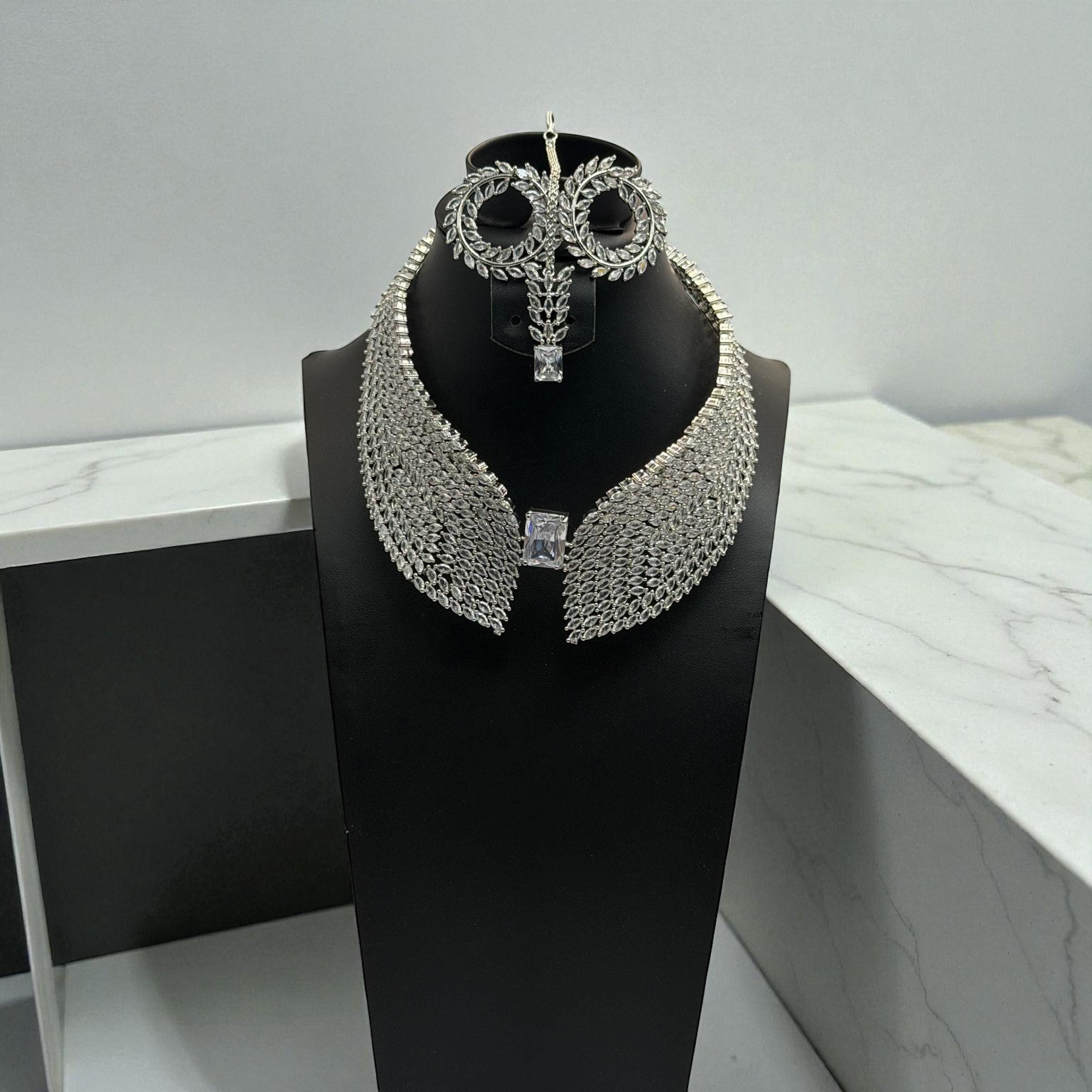 Cubic Zirconia Choker Necklace Set, Silver Plated Bridal Jewelry - Image 3