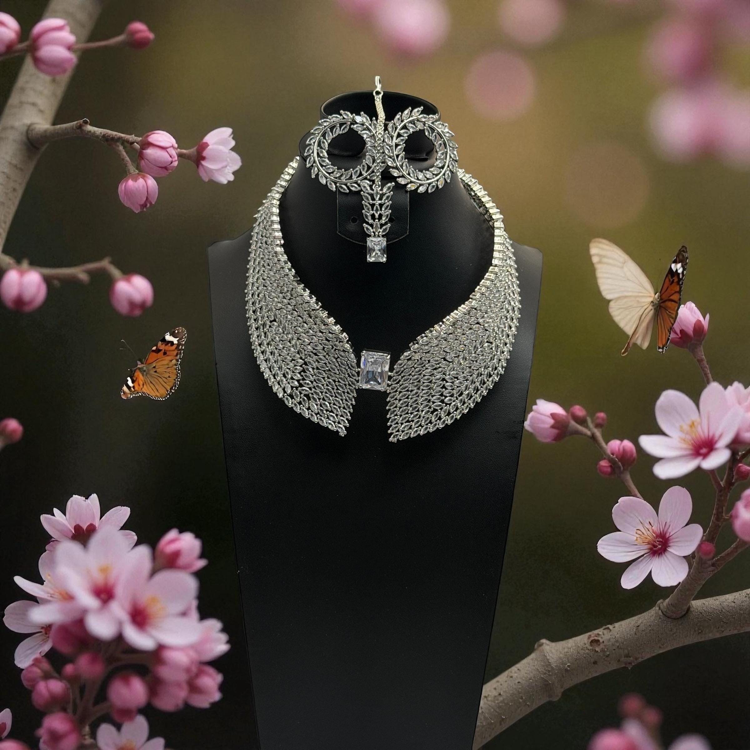 Cubic Zirconia Choker Necklace Set, Silver Plated Bridal Jewelry - Image 2