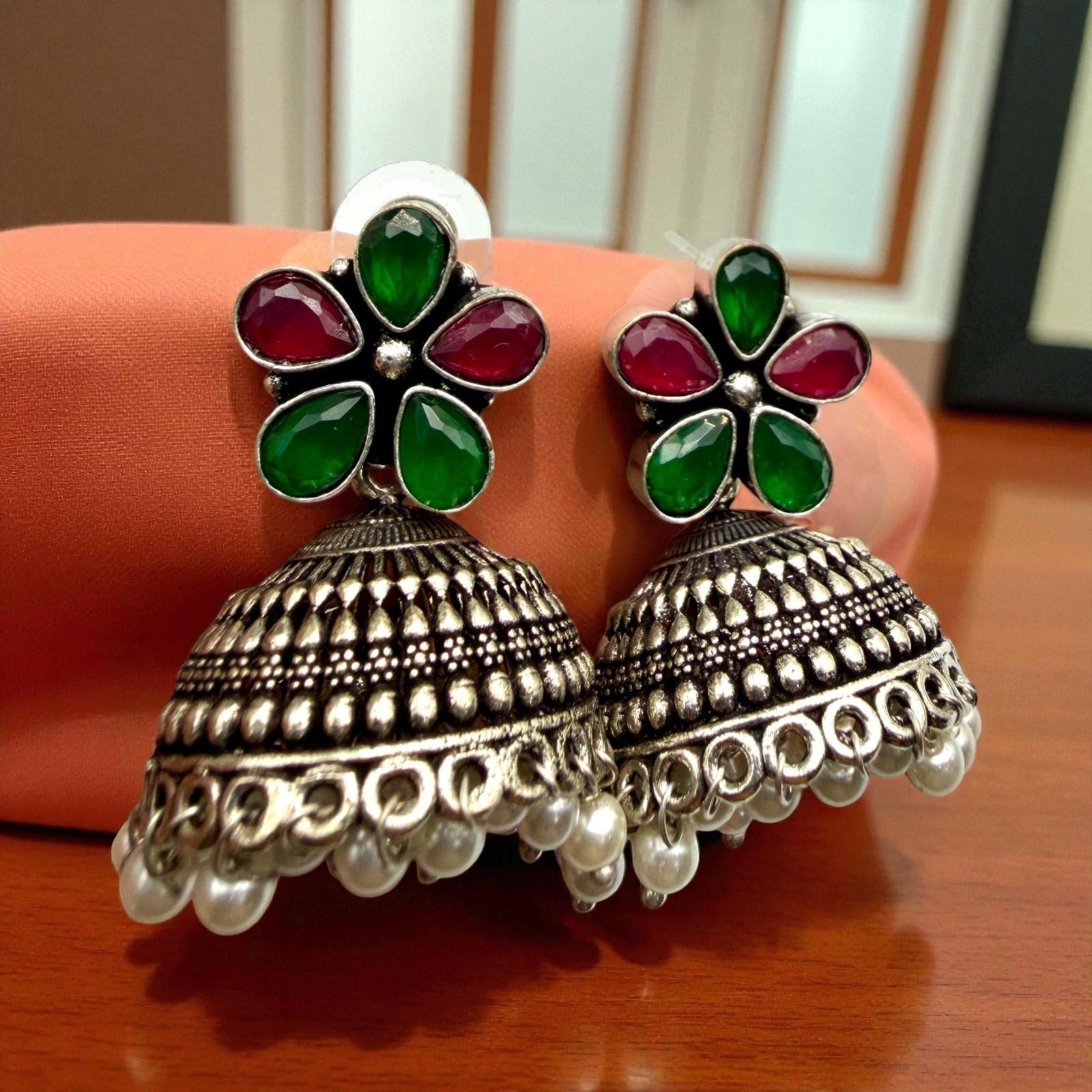 Oxidized Silver Jhumka Earrings | Green & Maroon Floral Stud Jhumkas | Traditional Boho Ethnic Earrings | Handmade Indian Jewelry - Image 2