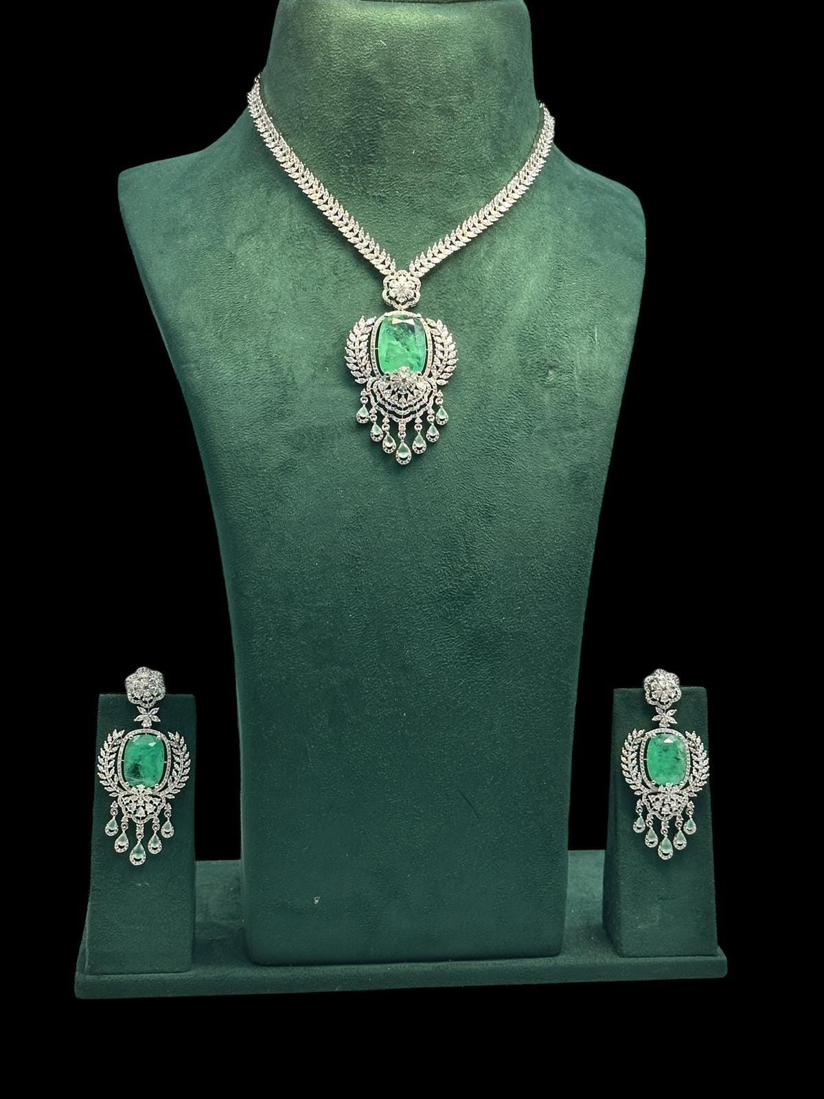 Luxury Emerald Green Necklace Set | rhodium Plated Bridal Jewelry with Earrings | High-End Designer Statement Set | Wedding & Party Jewelry