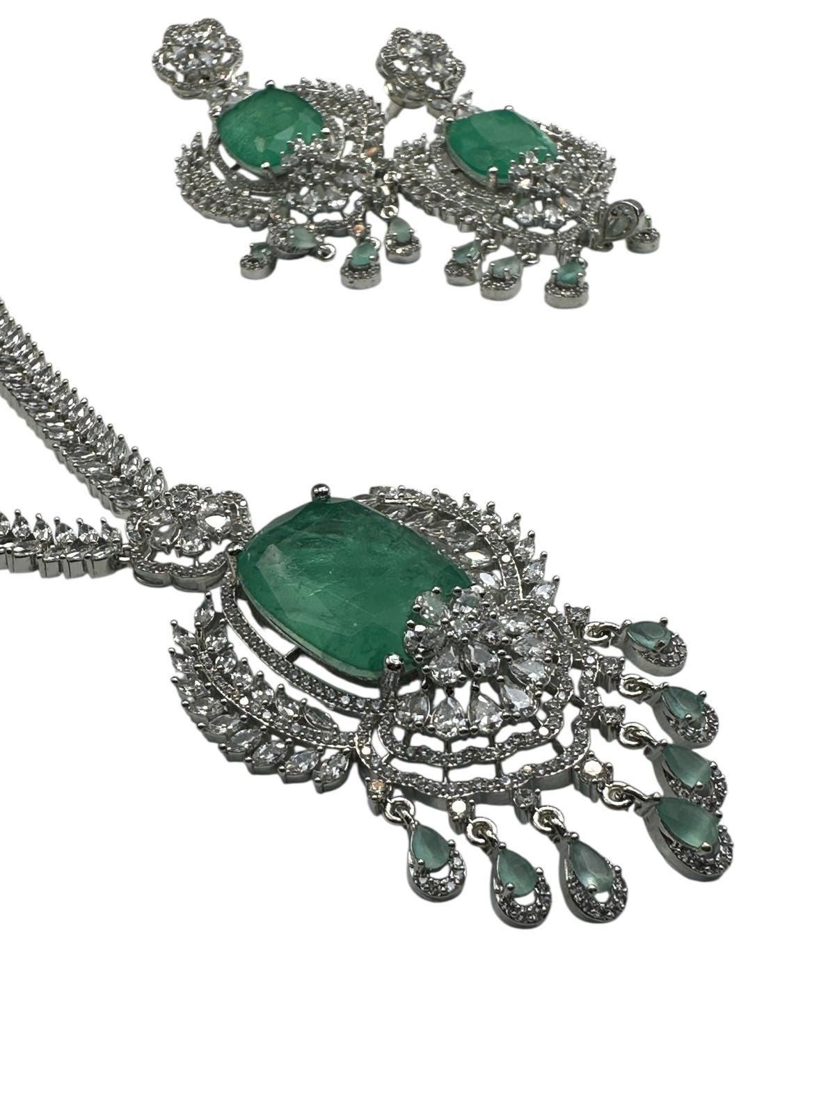 Luxury Emerald Green Necklace Set | rhodium Plated Bridal Jewelry with Earrings | High-End Designer Statement Set | Wedding & Party Jewelry - Image 3