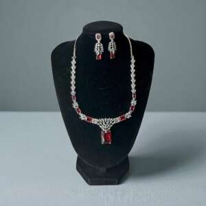 Ruby Red Crystal Necklace Set | Silver-Plated Wedding Jewelry with Earrings | Elegant Statement Necklace | Handmade Luxury Gift for Her