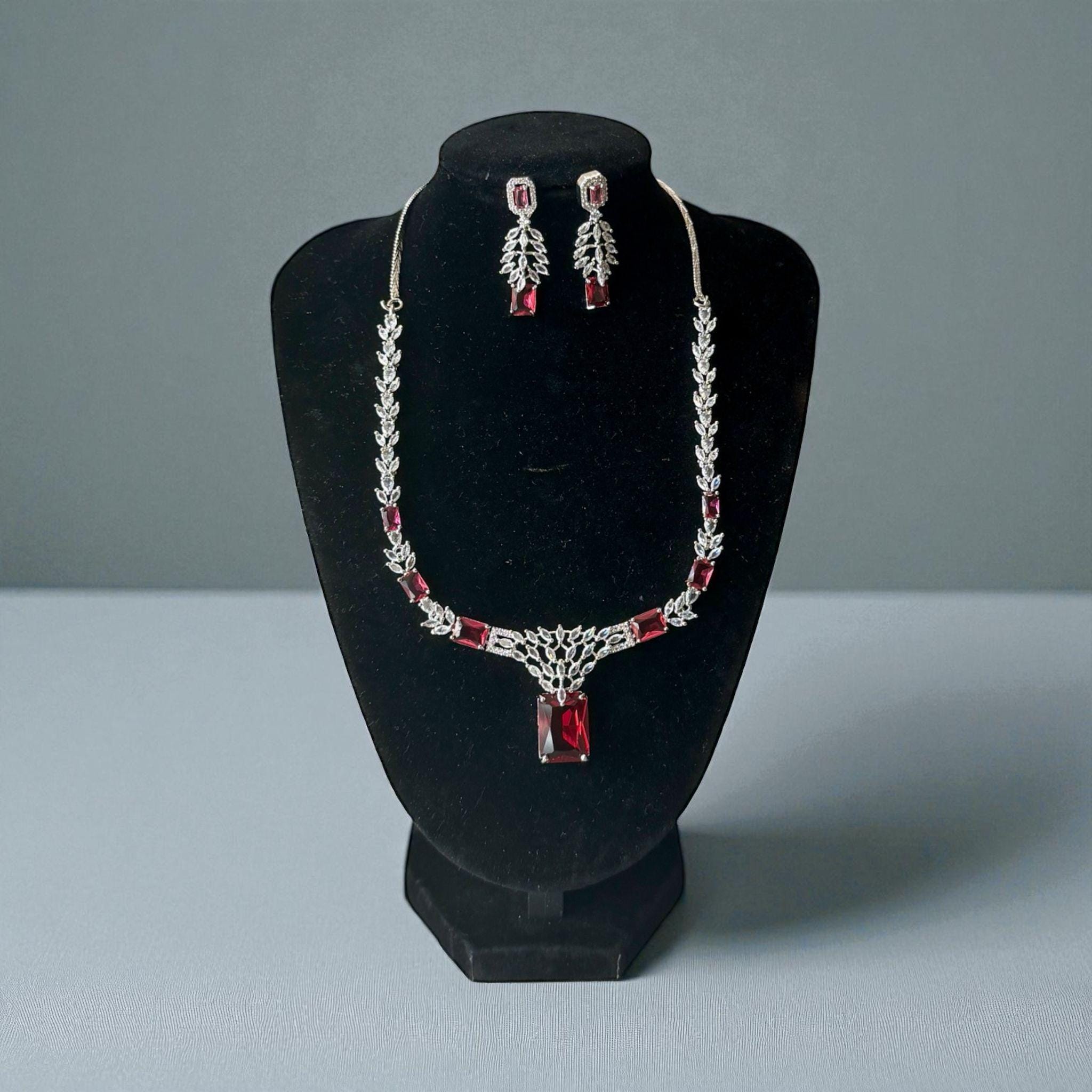 Ruby Red Crystal Necklace Set | Silver-Plated Wedding Jewelry with Earrings | Elegant Statement Necklace | Handmade Luxury Gift for Her