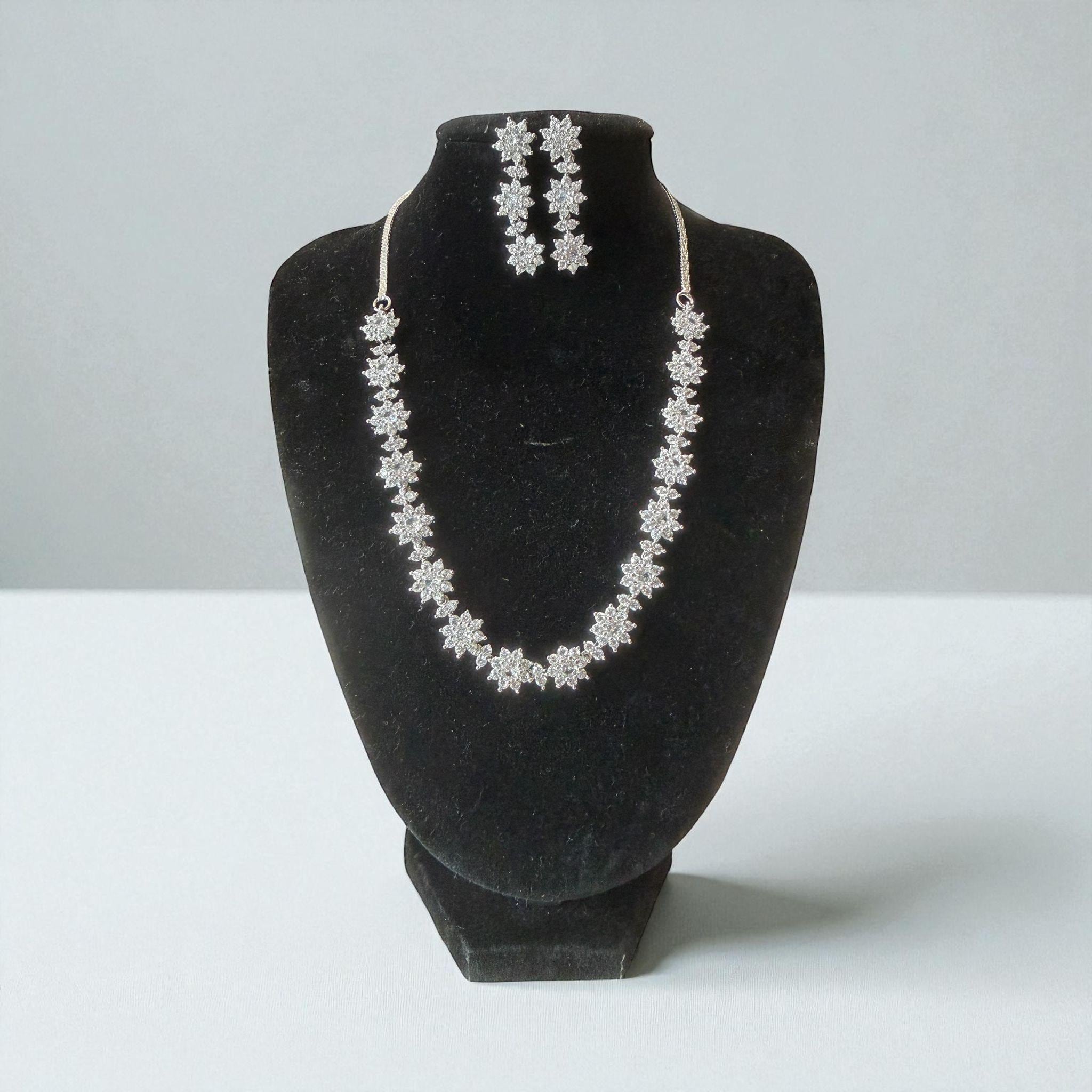 Floral Cz Necklace Set | Silver-Plated Bridal Jewelry with Earrings | Diamond Look Wedding Necklace | Luxury Statement Gift for Her
