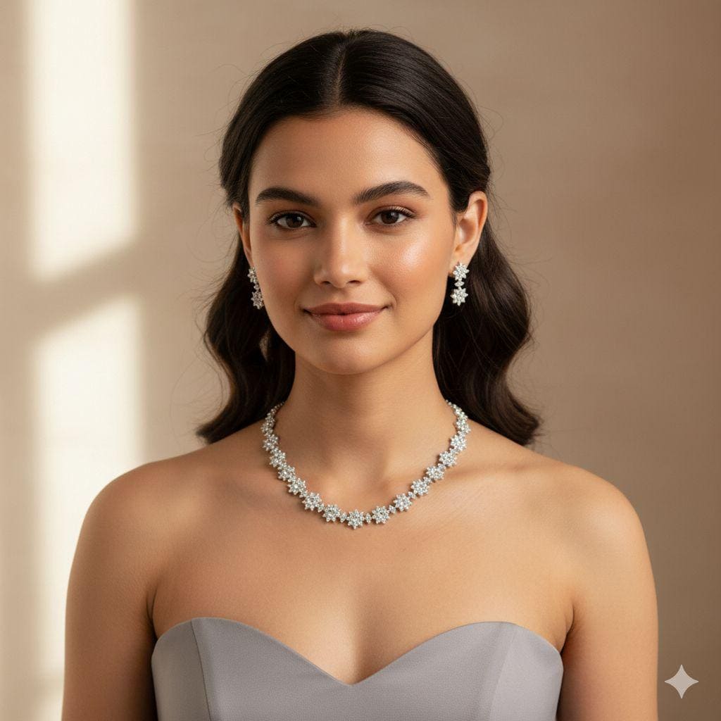 Floral Cz Necklace Set | Silver-Plated Bridal Jewelry with Earrings | Diamond Look Wedding Necklace | Luxury Statement Gift for Her - Image 2