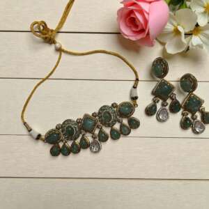 Sabya sachi  fusión Necklace Set – Light Green Stone Indian Jewelry