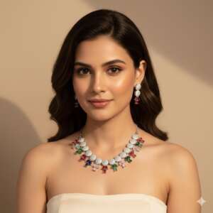 Multicolor Crystal Cz Necklace Set | Silver-Plated Statement Jewelry with Earrings | Handmade Luxury Bridal Necklace | Elegant Gift for Her