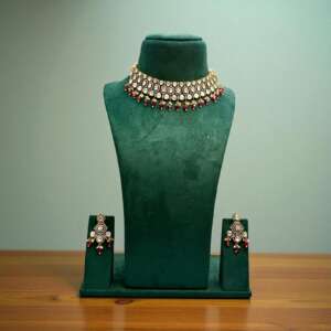 Mozonite  Choker Necklace Set | Bridal Gold Plated Jewelry | Red Beaded Traditional Indian Set