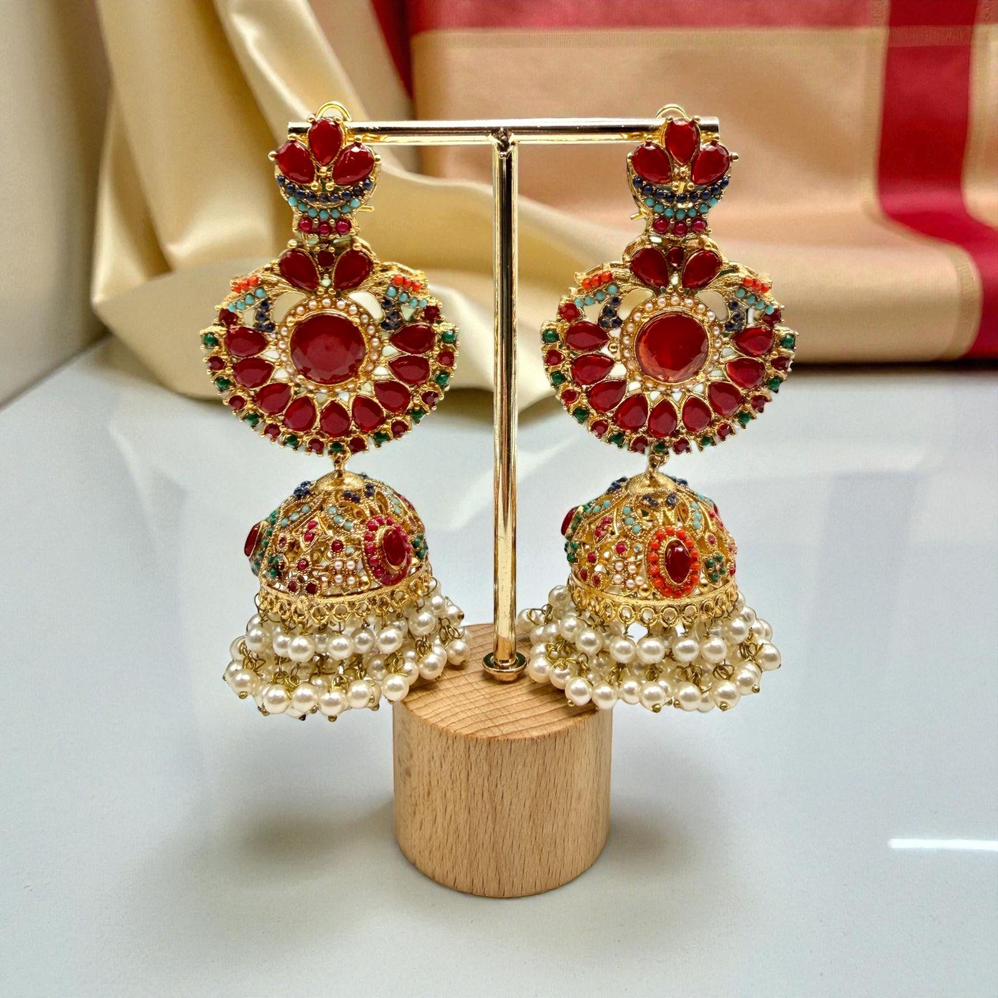 Red Jadao Jhumka Earrings | Gold Plated Pearl Dangle Earrings | Bridal Indian Traditional Jewelry - Image 3