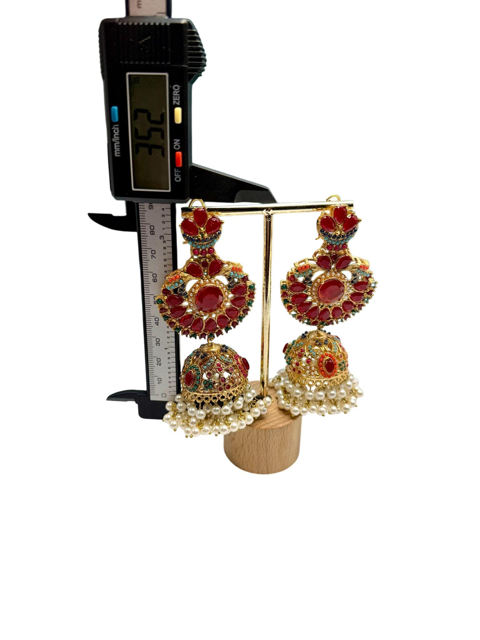 Red Jadao Jhumka Earrings | Gold Plated Pearl Dangle Earrings | Bridal Indian Traditional Jewelry - Image 5