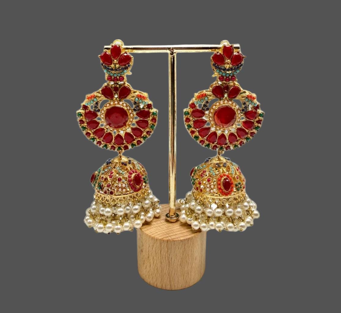 Red Jadao Jhumka Earrings | Gold Plated Pearl Dangle Earrings | Bridal Indian Traditional Jewelry - Image 6