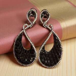Bollywood Indian Designer  black cz Earrings with micro ad  cubic zarconia  silver  plated,Victorian