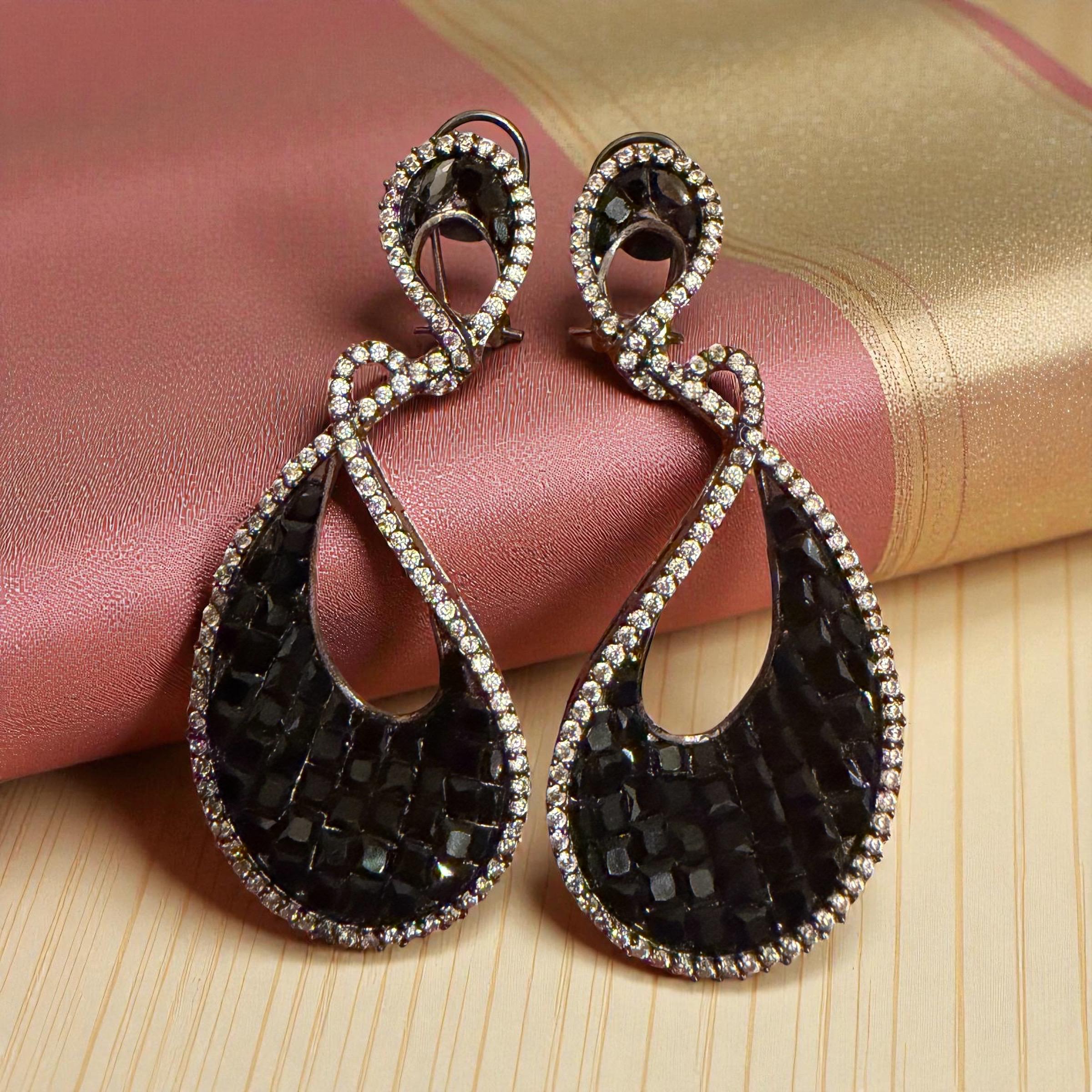 Bollywood Indian Designer black cz Earrings with micro ad cubic zarconia silver plated,Victorian