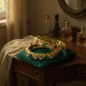 Gold Plated Bollywood Kada Bangle Set, Ruby & Emerald Stones