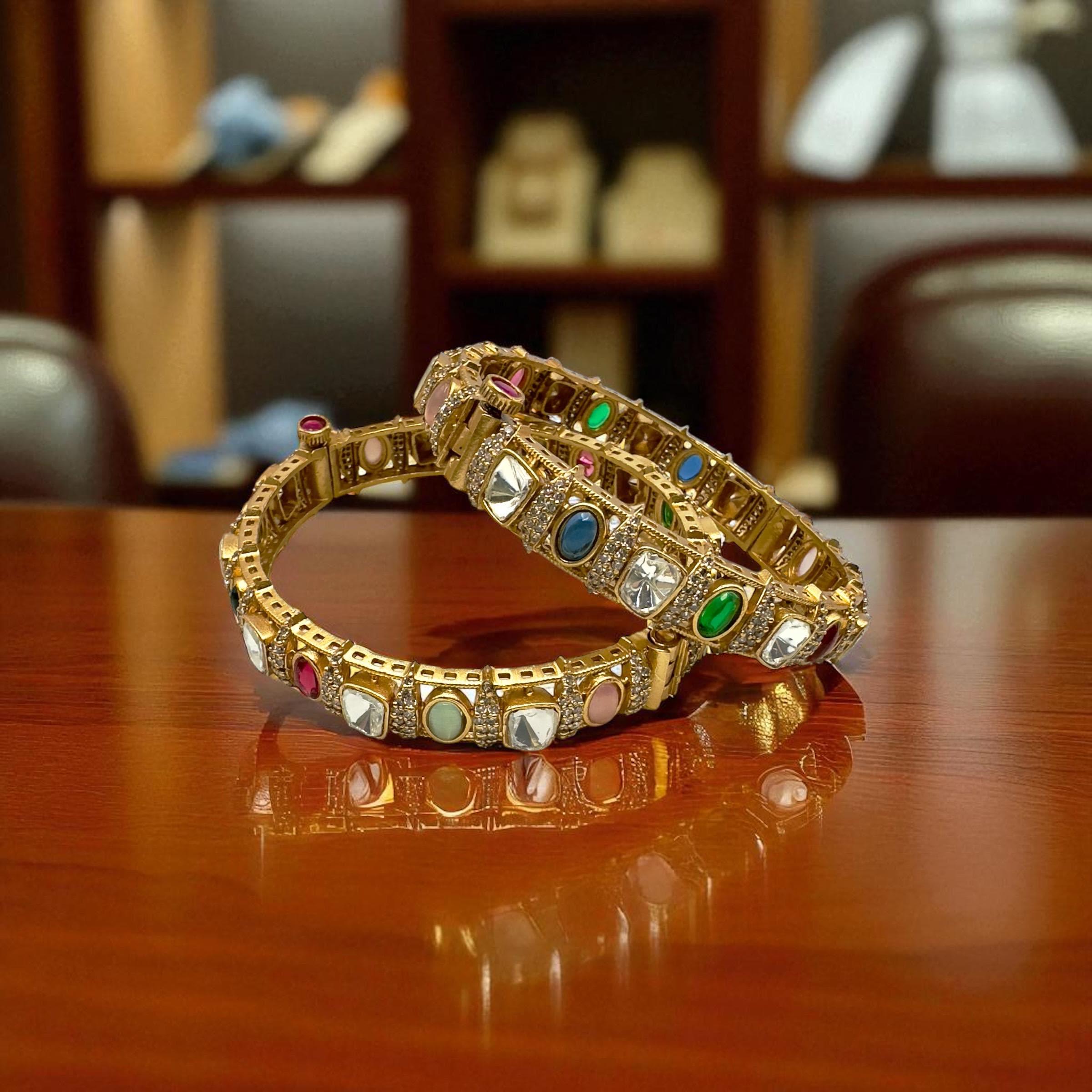 Gold Plated Bollywood Kada Bangle Set, Ruby & Emerald Stones - Image 2