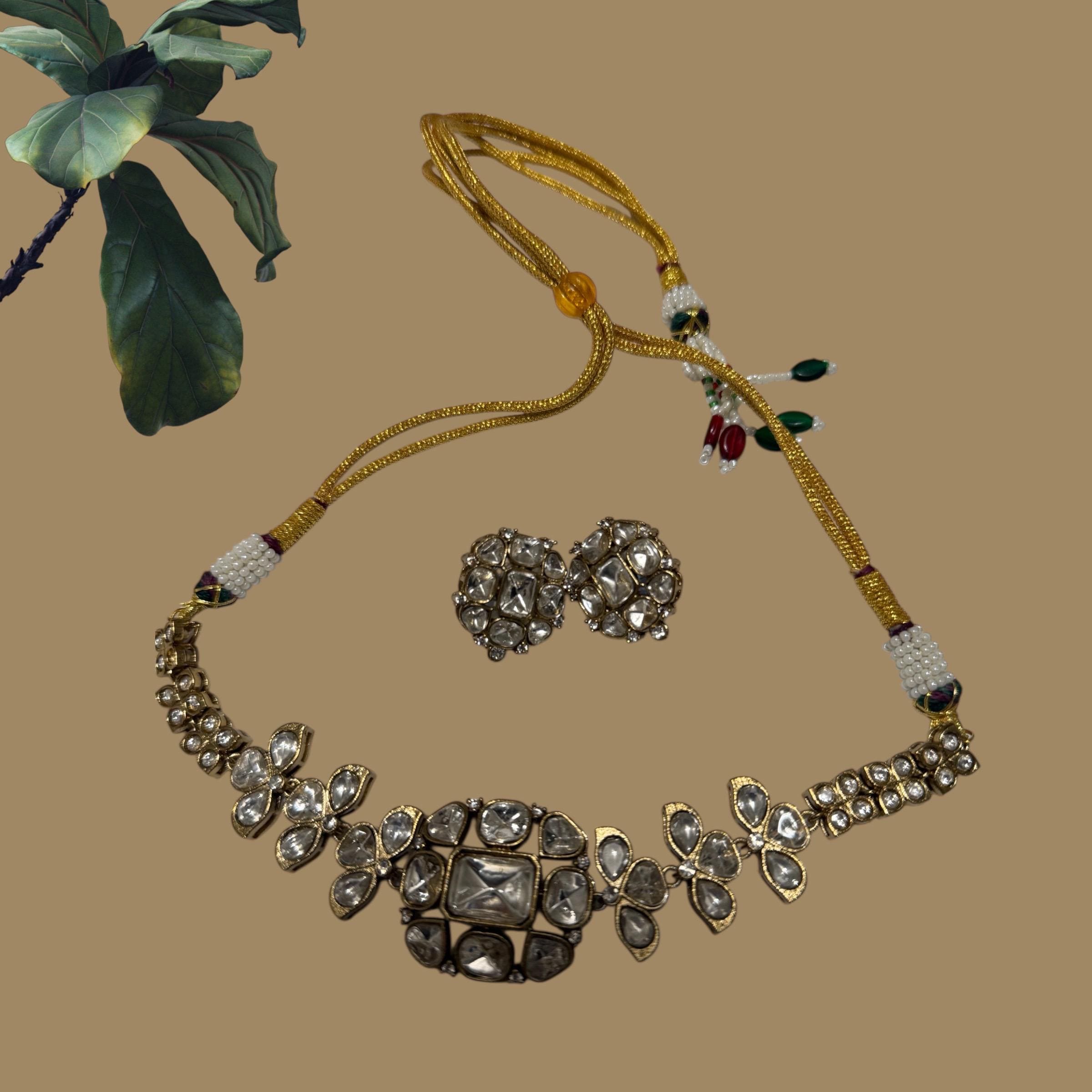 Bollywood Kundan polki Stone monzonite Necklace Set, Indian Bridal Jewelry