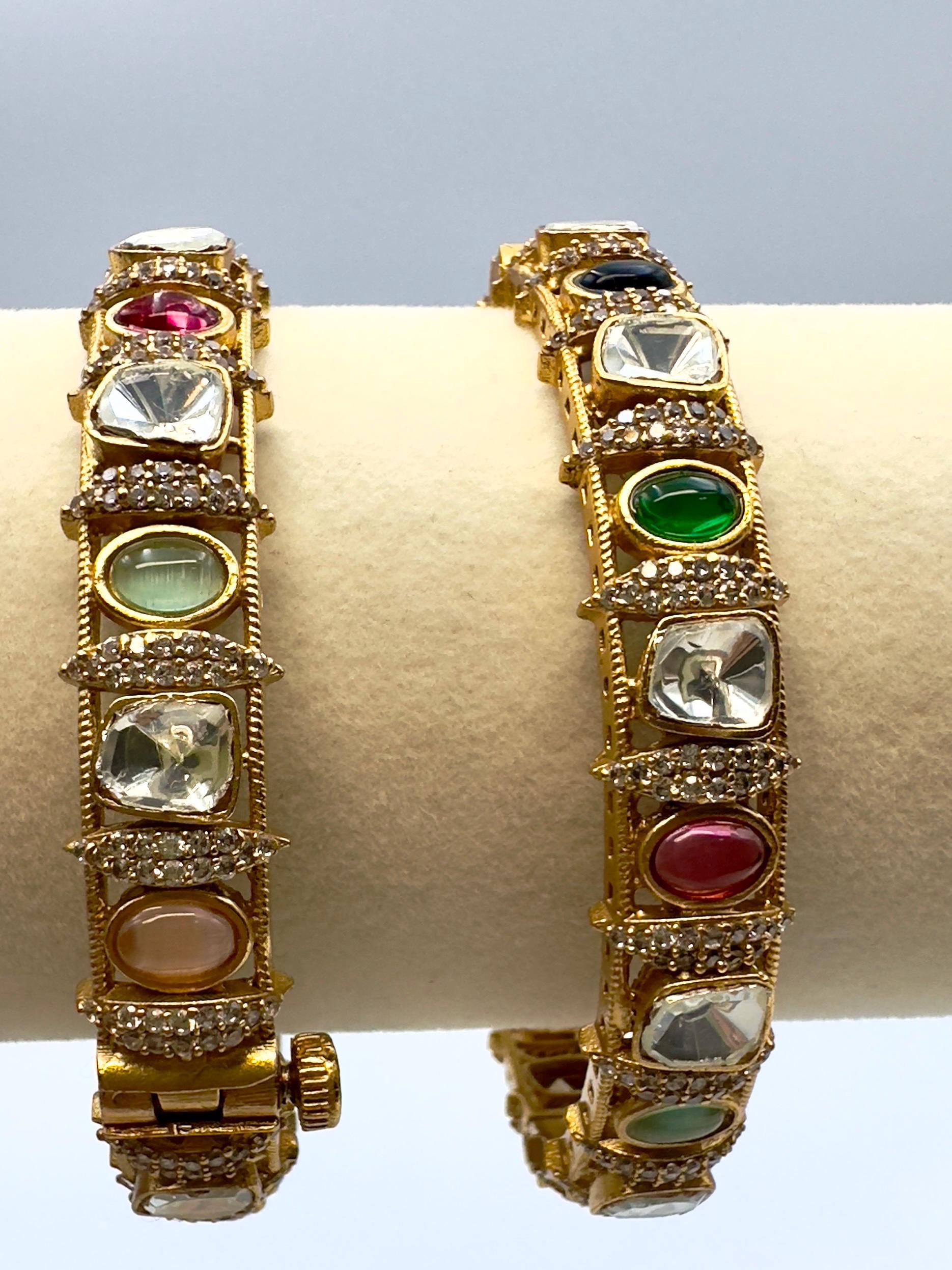 Gold Plated Bollywood Kada Bangle Set, Ruby & Emerald Stones - Image 3