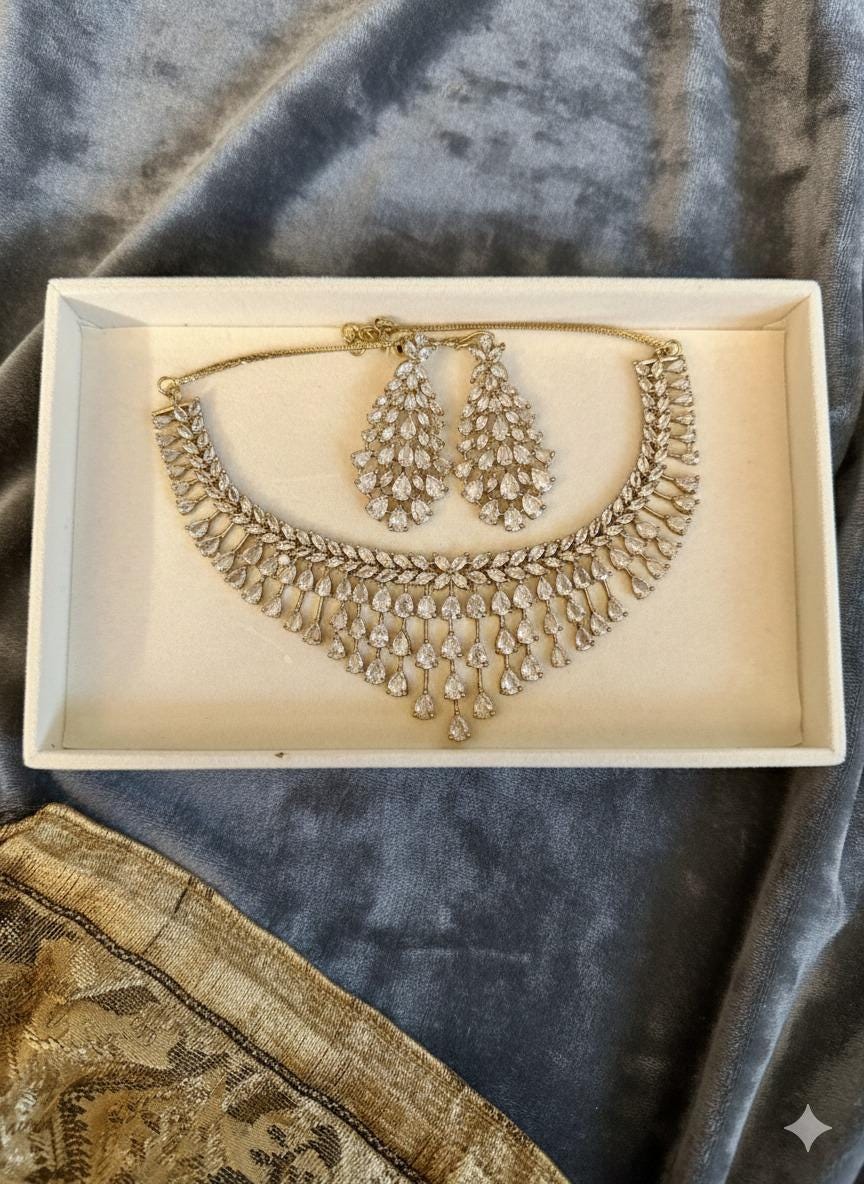 Ad stone Bridal Jewelry Set | Teardrop Choker Necklace & Statement Earrings | Wedding Jewelry Set for Bride