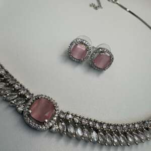 Silver tone delicate  Necklace Set with Pink Center Accent • Elegant Necklace & Stud Earrings • Bridal Party Jewelry