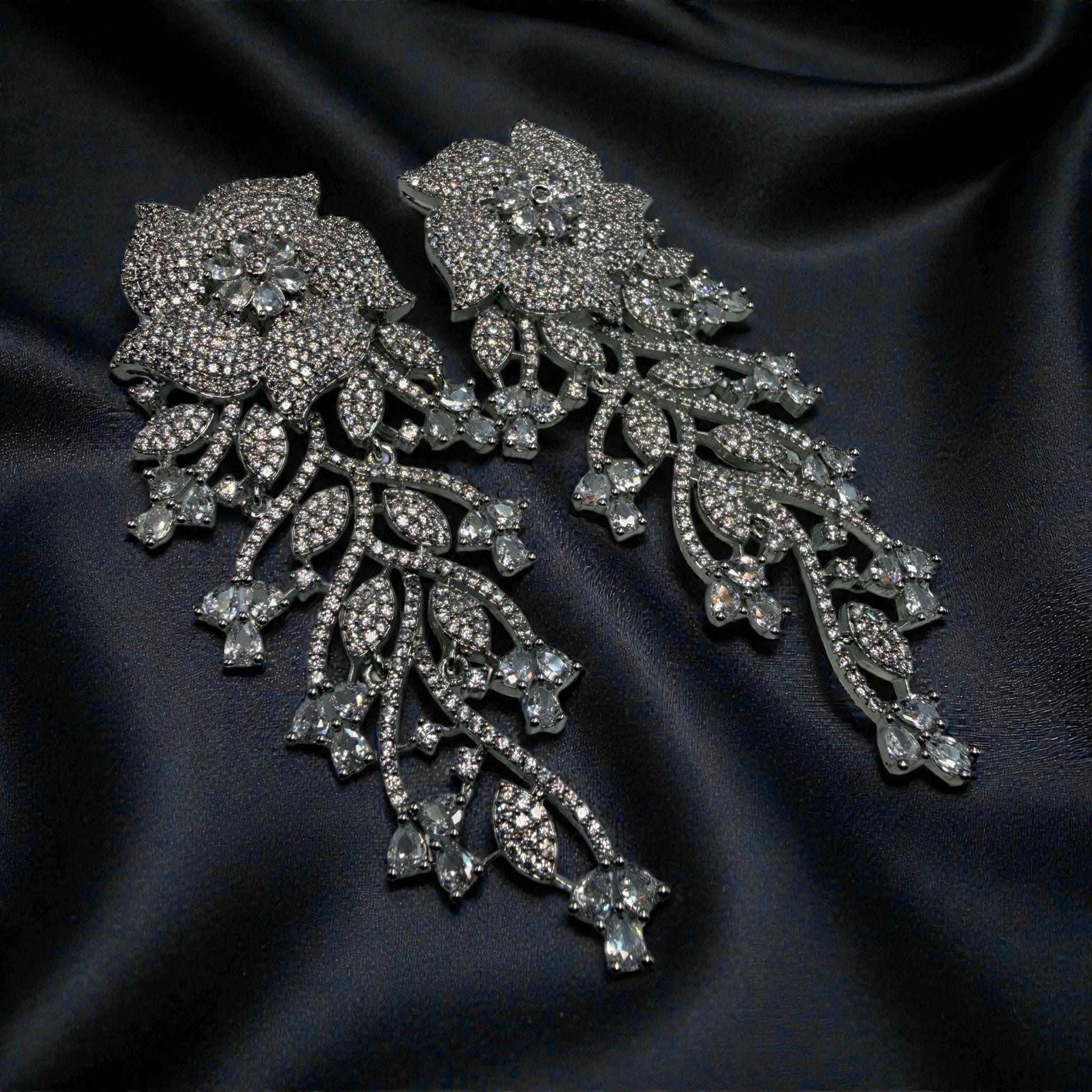 Silver Tone Floral Chandelier Earrings | Statement Bridal Drop Earrings for Wedding & Evening Wear - Image 3