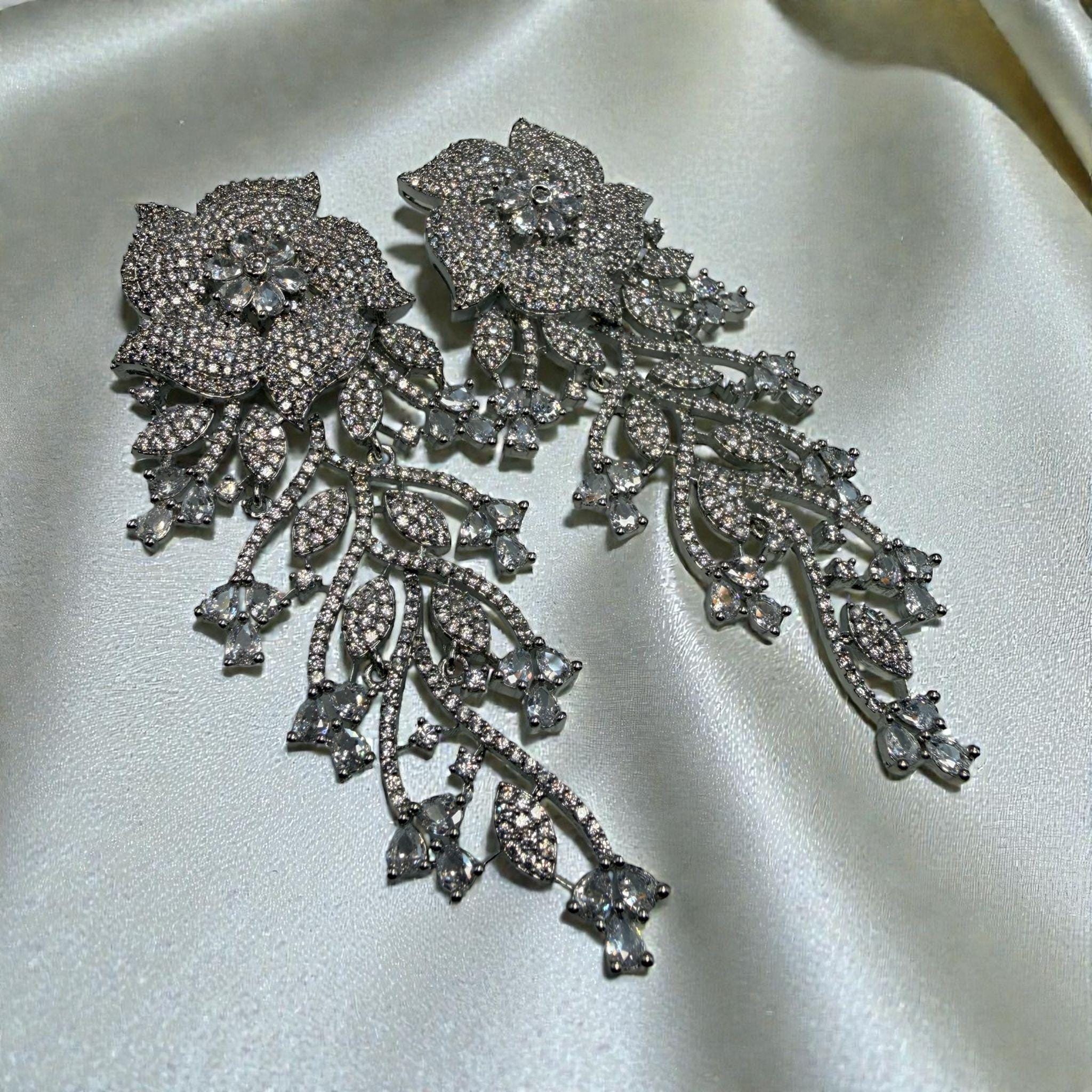 Silver Tone Floral Chandelier Earrings | Statement Bridal Drop Earrings for Wedding & Evening Wear - Image 4